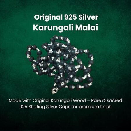 Original 925 Silver Karungali Malai - Plain Cap (8MM, 26 inch, 54 Beads) / Government Lab Certified Malai