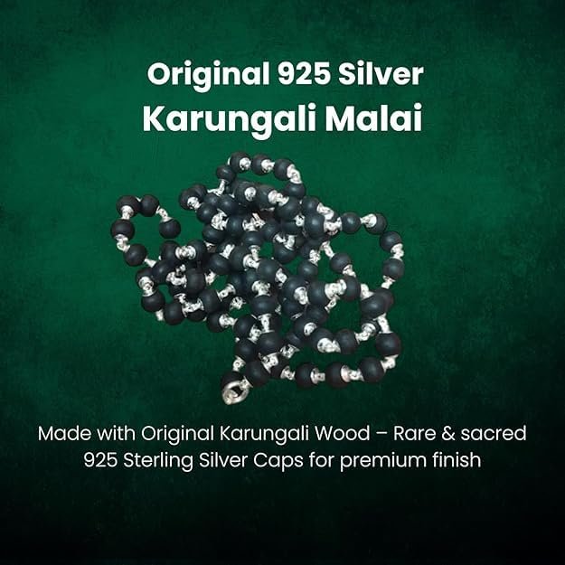 Original 925 Silver Karungali Malai - Plain Cap (8MM, 26 inch, 54 Beads) / Government Lab Certified Malai