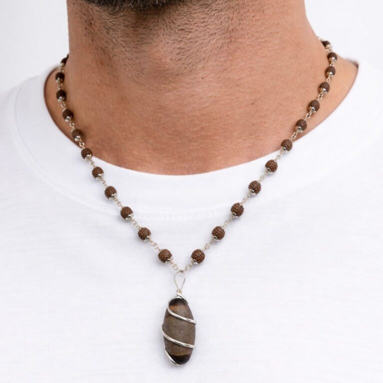 Divine Anandam® 5 Mukhi Rudraksha Silver-Capped Mala with Narmdeshwar Pendant | 54+1 Beads | Spiritual Energy Bracelet for Men & Women