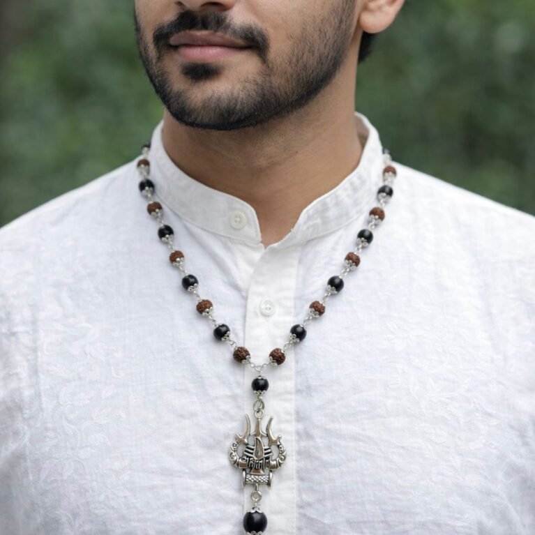 Divine Anandam® Premium 5 Mukhi Rudraksha & Karungali Silver-Capped Mala with Pendant | 54+1 Beads | Spiritual Energy Jewelry for Men & Women