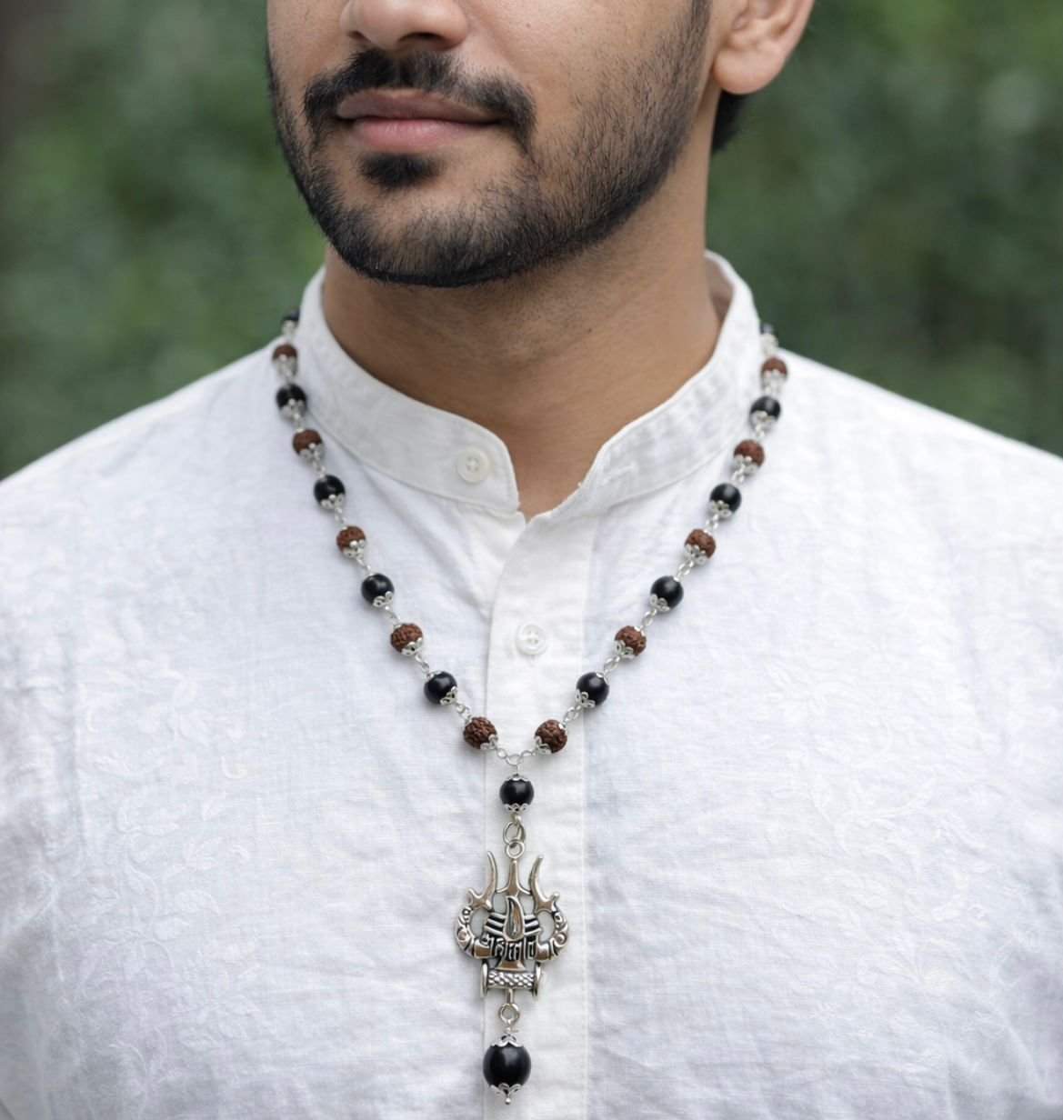 Divine Anandam® Premium 5 Mukhi Rudraksha & Karungali Silver-Capped Mala with Pendant | 54+1 Beads | Spiritual Energy Jewelry for Men & Women